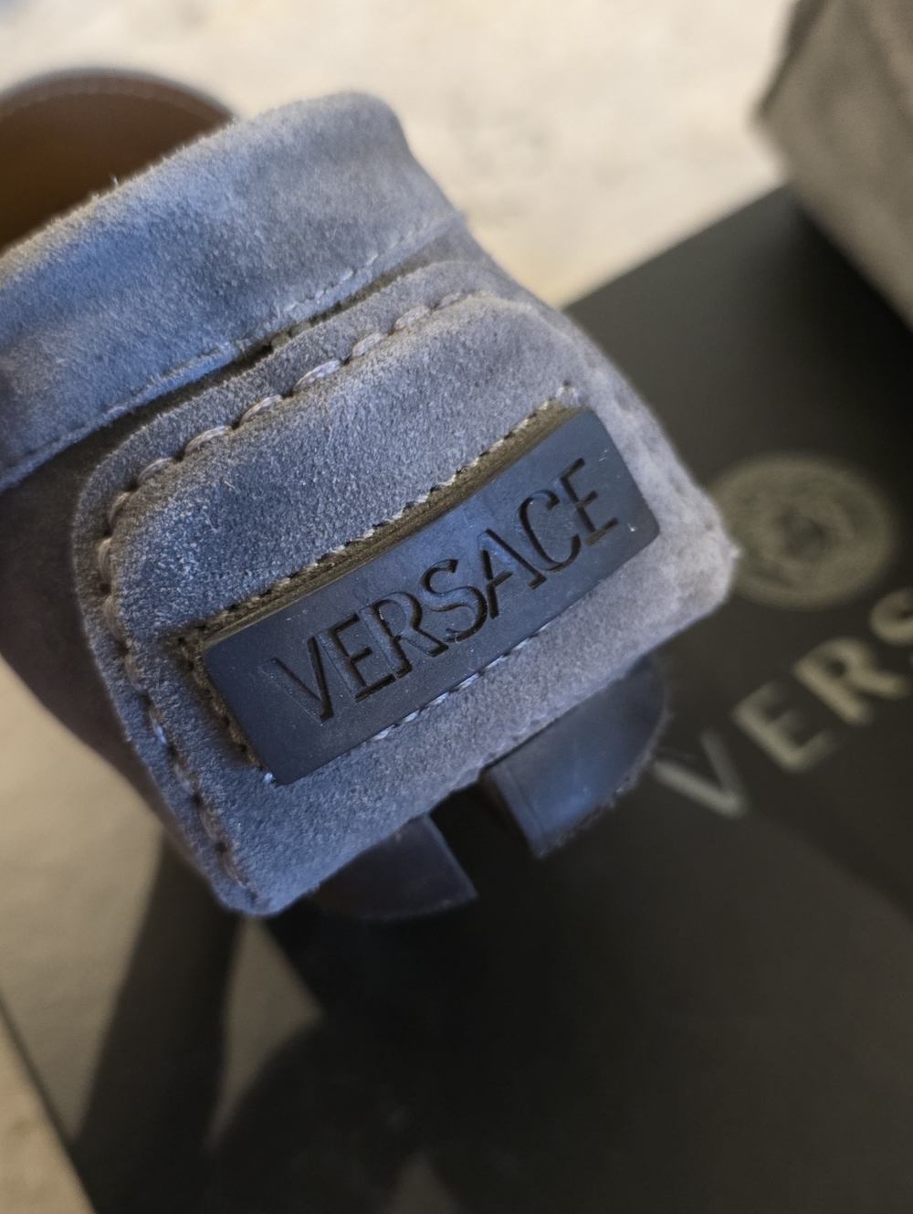 Versace MENS Gray Suede Loafers with Gold Medusa Emblems - Picture 3 of 4